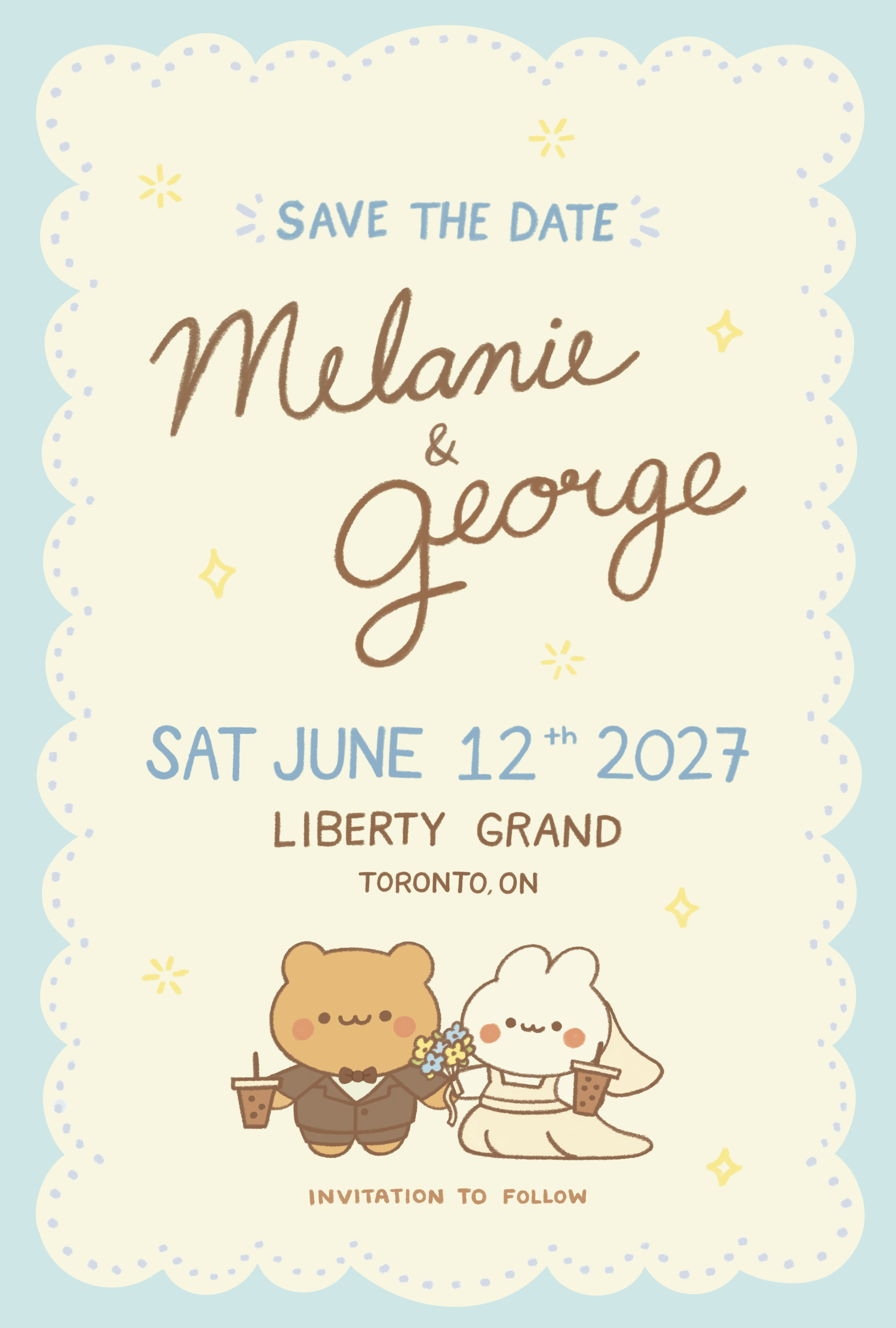 Save the date. Melanie and George. Saturday June 12, 2027. Liberty Grand, Toronto, Ontario. Invitation to follow.